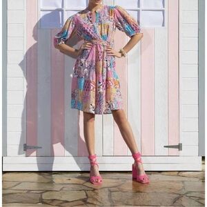 Lola Australia Marilyn Cotton Midi Dress in Patchwork with waist tie size xsmall